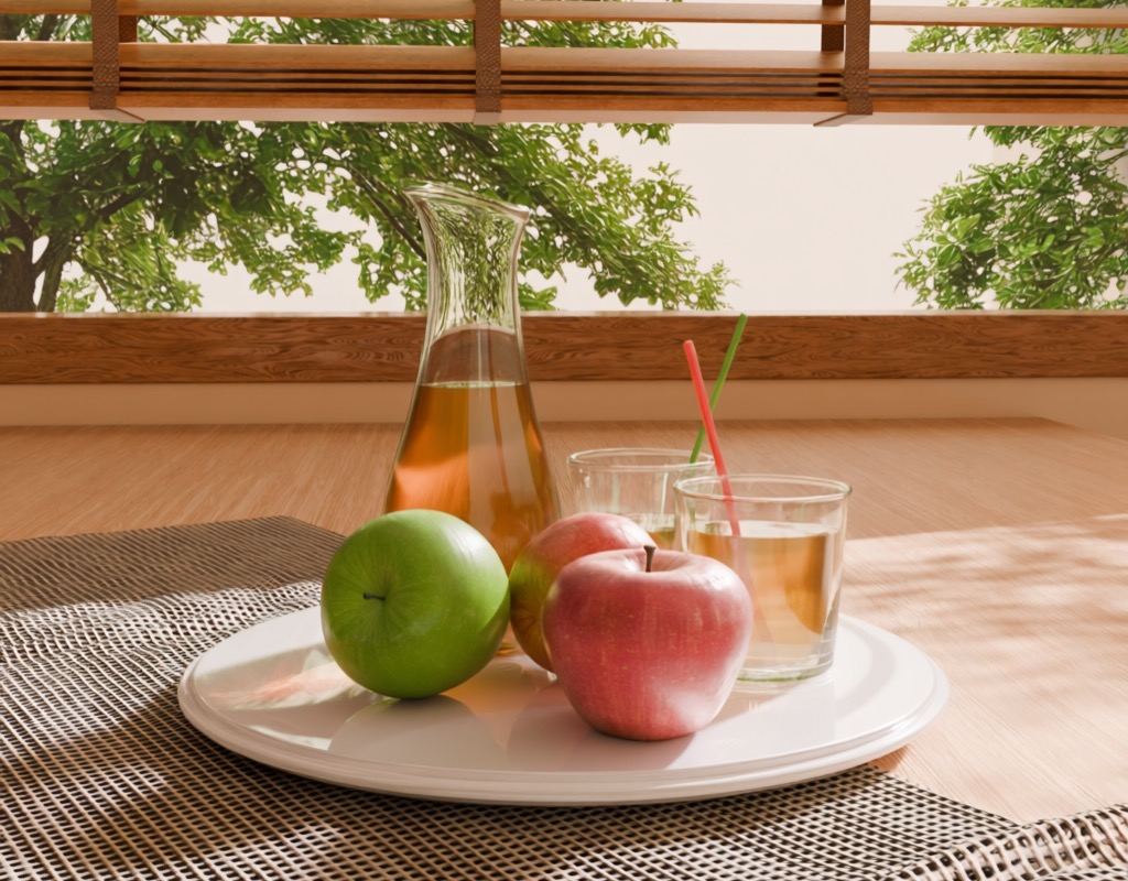 PhysInsert adapts the inserted carafe, glasses and apples to the warm sunlight.